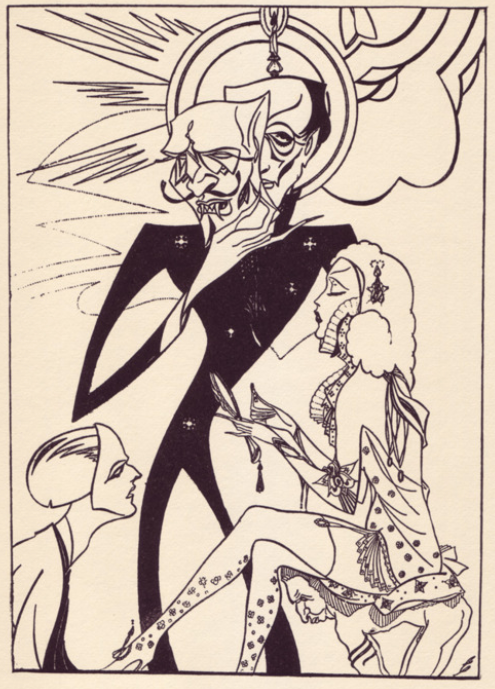 Illustration by British author, cartoonist, and illustrator Beresford Egan (1905-1984) for Charles Baudelaire's Fleurs Du Mal (1929). The drawing owes a little to the work of Aubrey Beardsley or even Harry Clarke.
